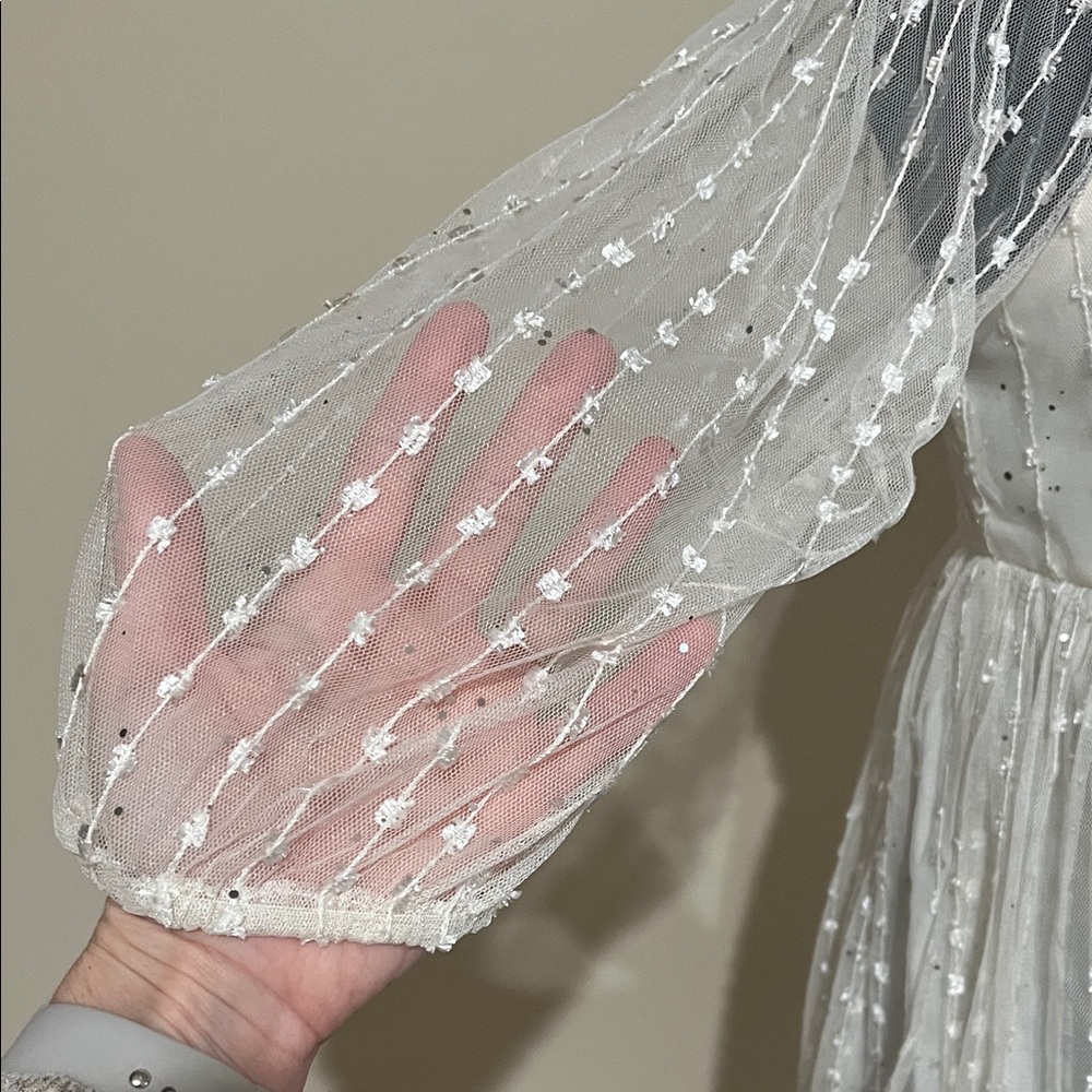 Elegant Off White/Cream Dress with Sheer Sleeves - Picture 3 of 5